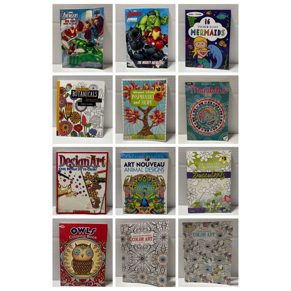 12-Book Coloring Book Bundle – Adult & Kids – Marvel, Floral, Mandala & More